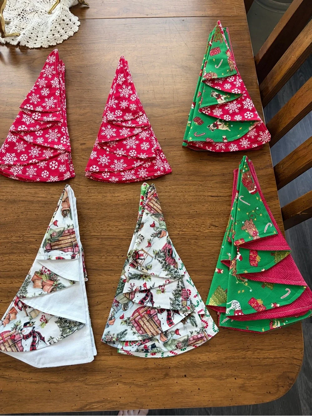 Holiday Tree-Shaped Fabric Napkins - Red, Green, White - Festive Tableware